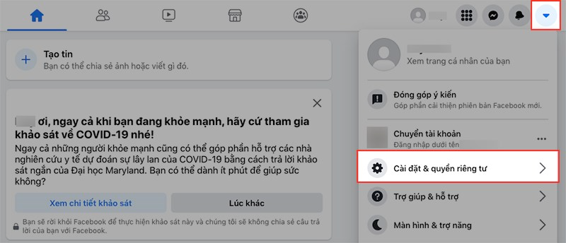 Mở Facebook trên máy tính, nhấn vào biểu tượng tam giác > Chọn Cài đặt & quyền riêng tư